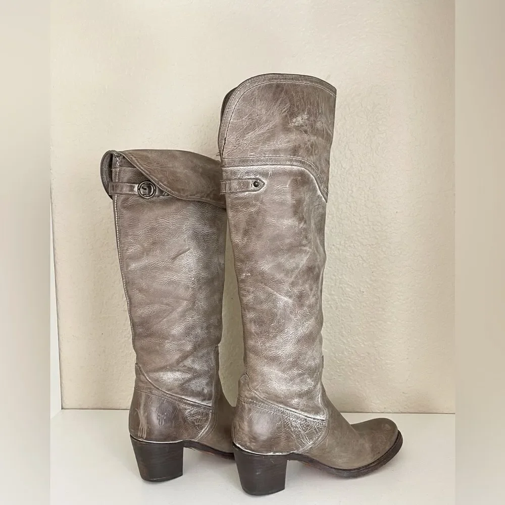 FRYE Jane Western Riding Knee High cuff heeled Boot in Gray Burnished Antique